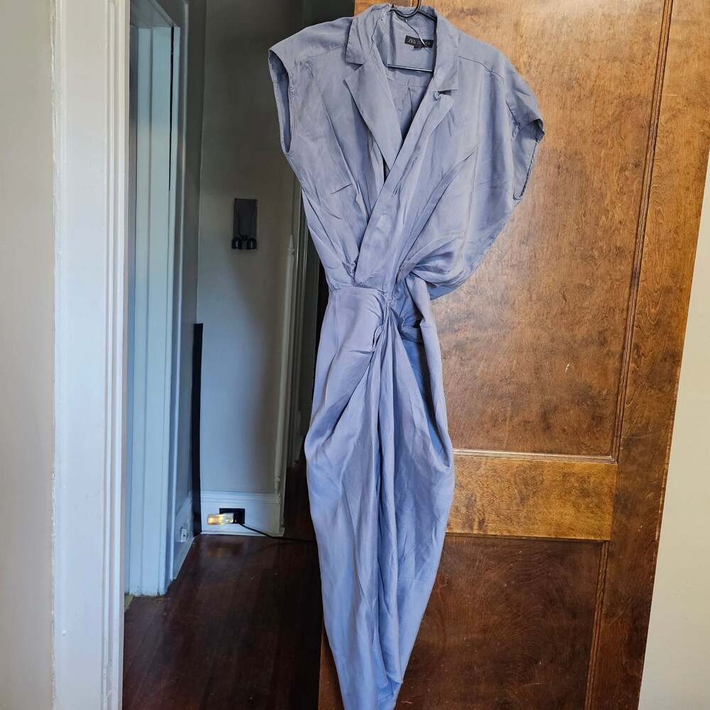 Zara Draped Midi Dress Blue Twist Waist Cap Sleeve Faux Wrap Women's Size M - Picture 2 of 10